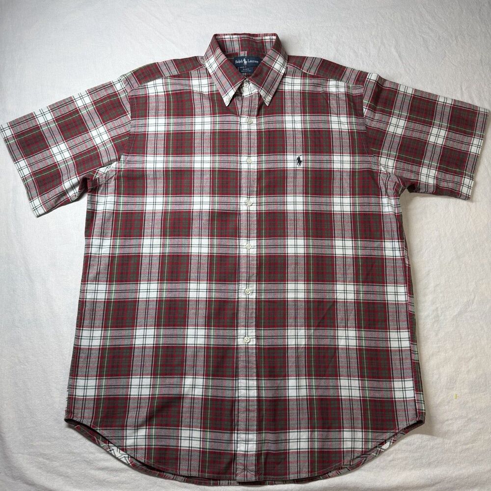 Ralph Lauren Mens Shirt Plaid Classic Fit Short Sleeve Red Sz L Button Down
